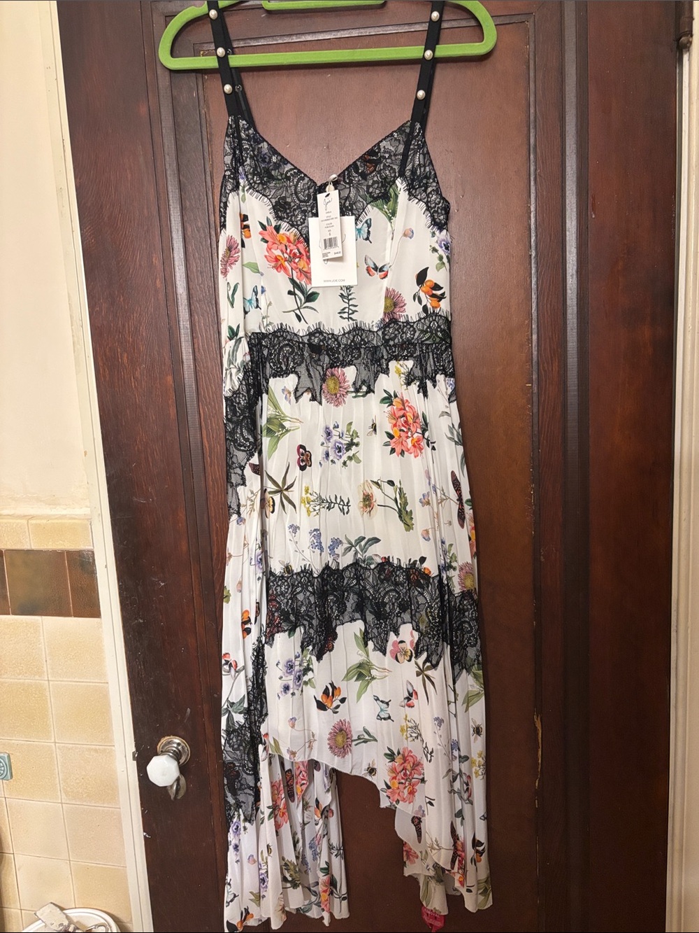 Joie White Floral Asymmetrical Dress with Black Lace Trim